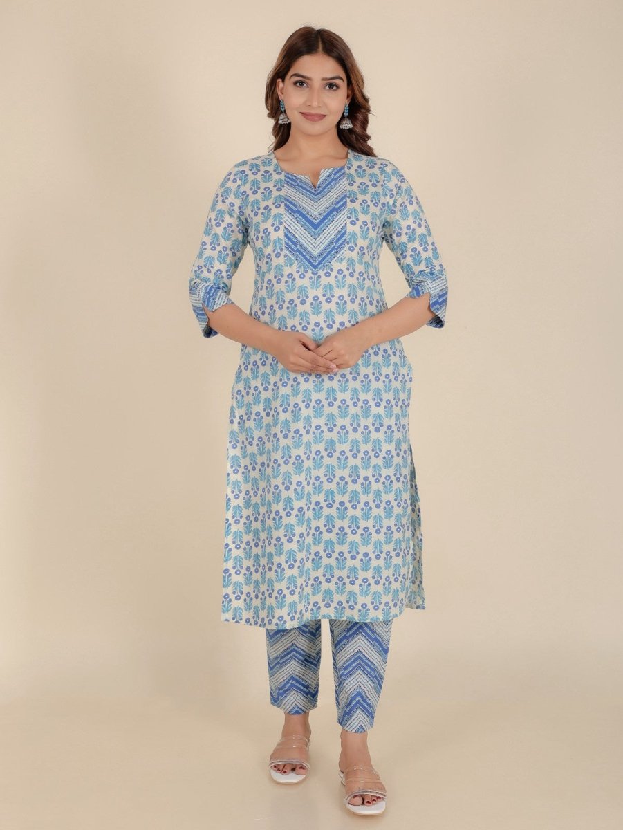Aramya Straight Soft Cotton Floral Print Women's Kurta Set - White