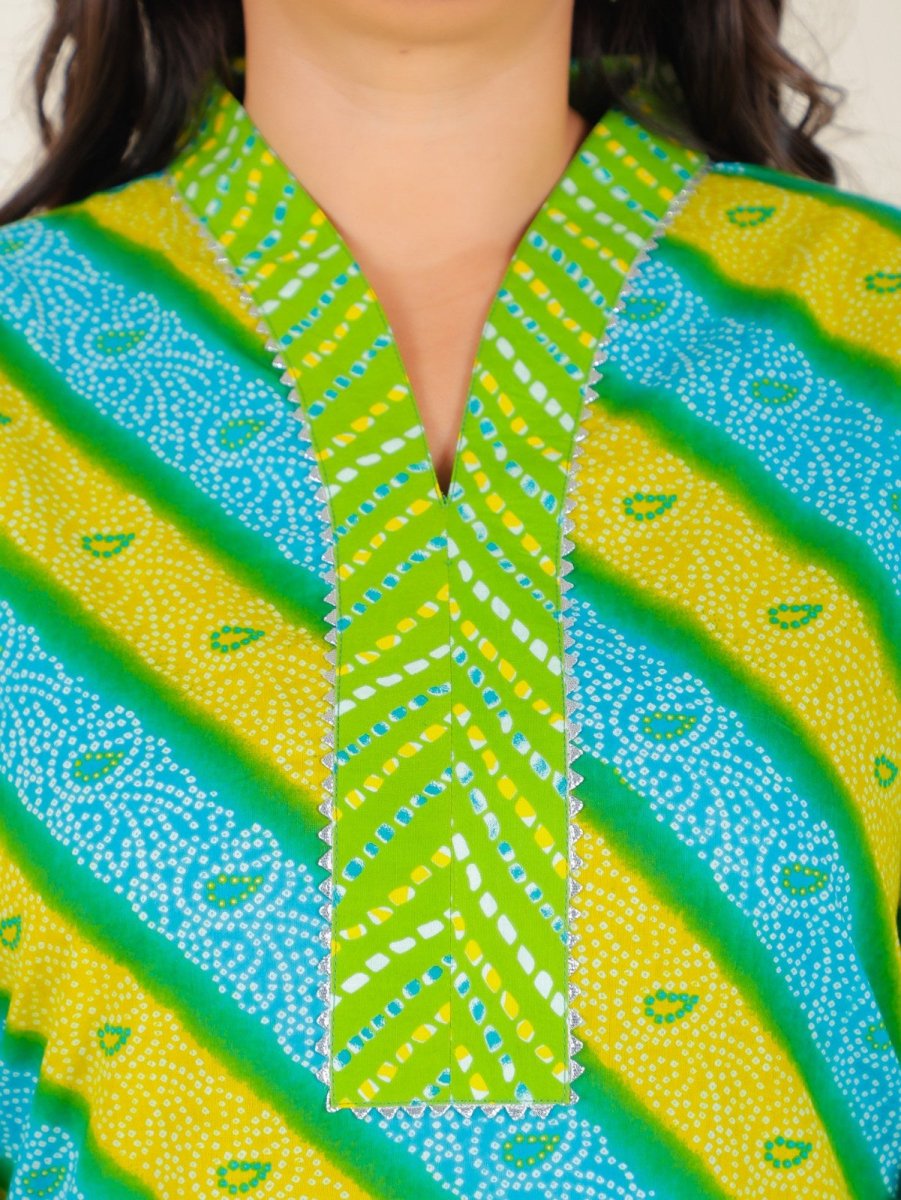 Aramya Straight Soft Cotton Bandhani Print Women's Kurta Set - Green