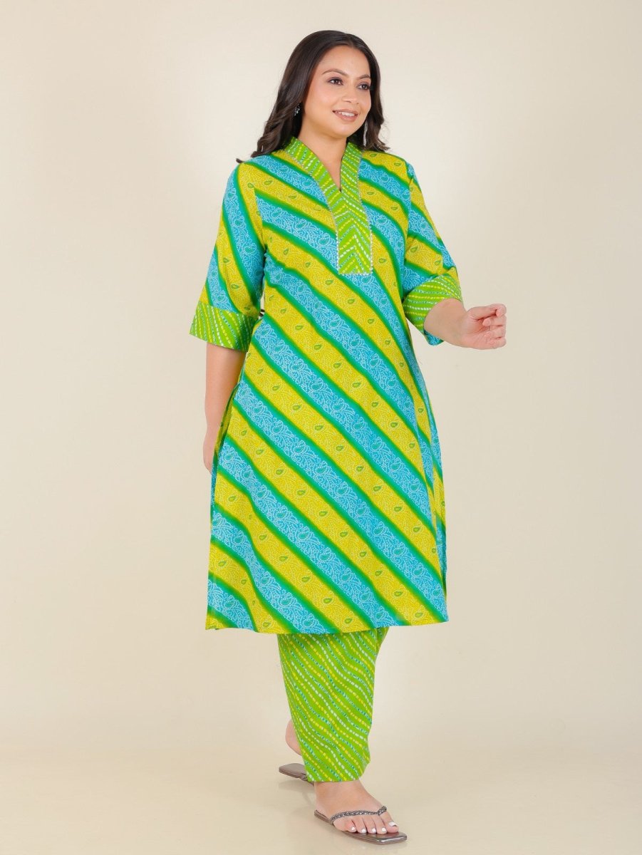 Aramya Straight Soft Cotton Bandhani Print Women's Kurta Set - Green