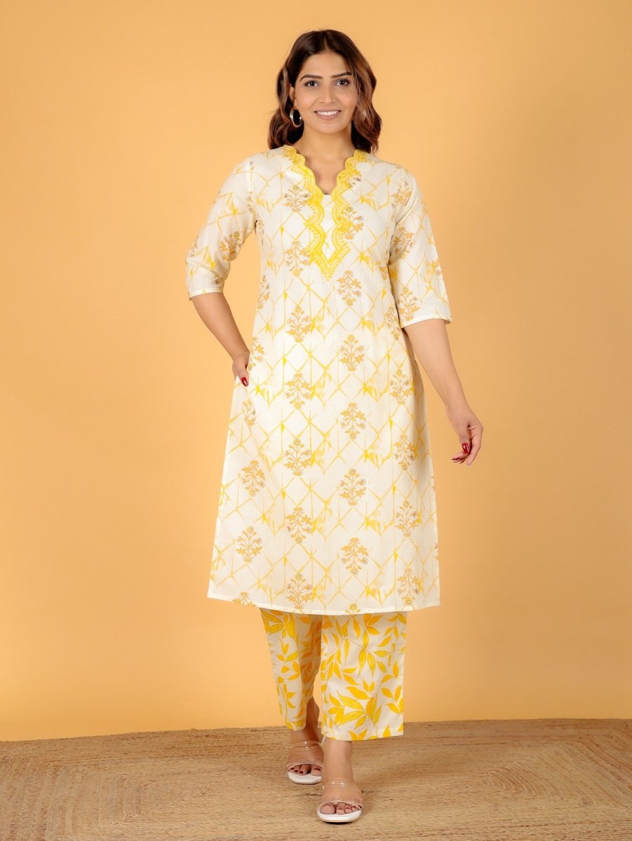 Aramya Straight Soft Cotton Floral Print Women's Kurta Set - Yellow