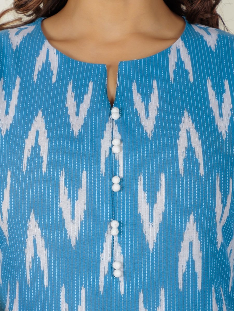 Aramya A-line Kantha Cotton Ikat Print Women's Kurta Set - Blue