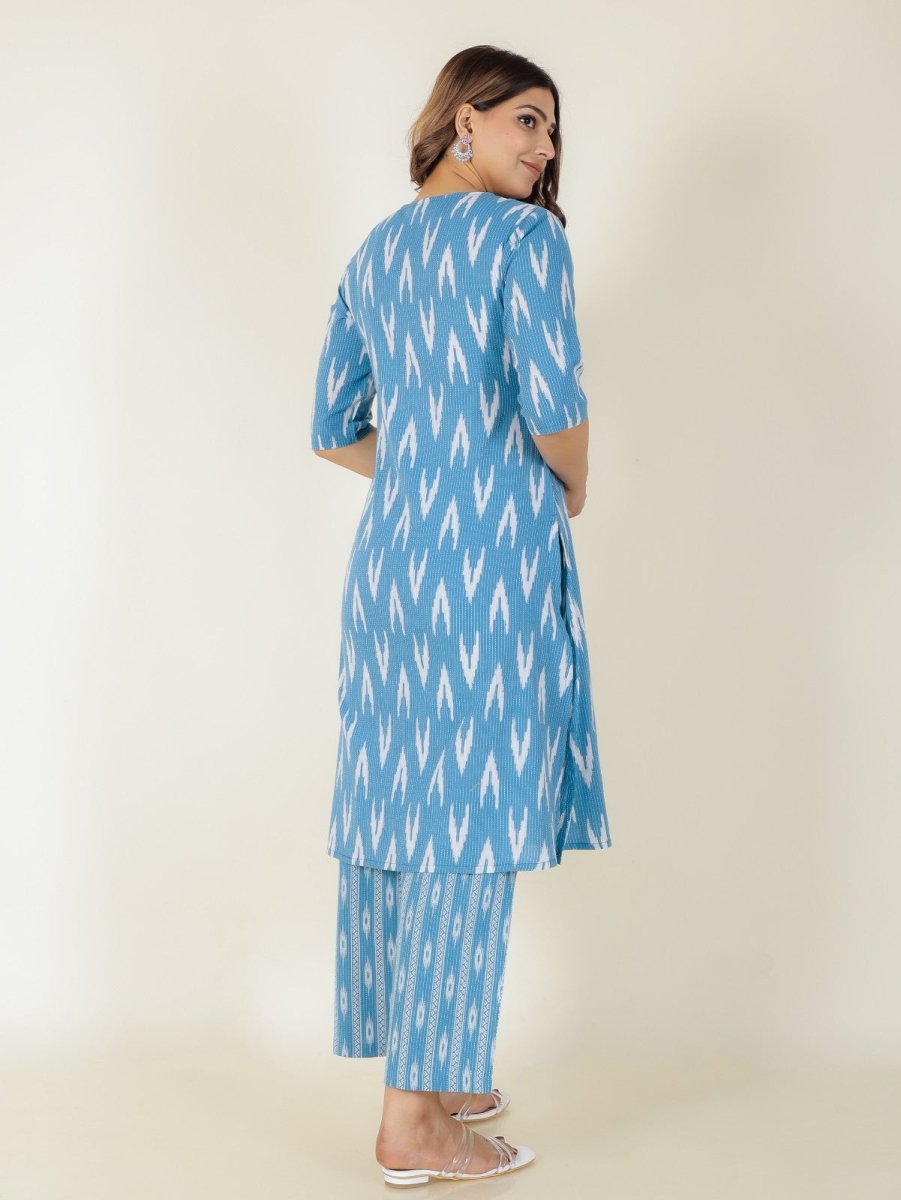 Aramya A-line Kantha Cotton Ikat Print Women's Kurta Set - Blue