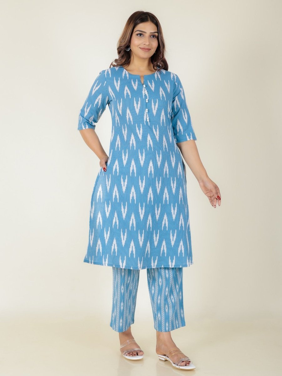 Aramya A-line Kantha Cotton Ikat Print Women's Kurta Set - Blue