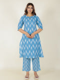 Aramya A-line Kantha Cotton Ikat Print Women's Kurta Set - Blue
