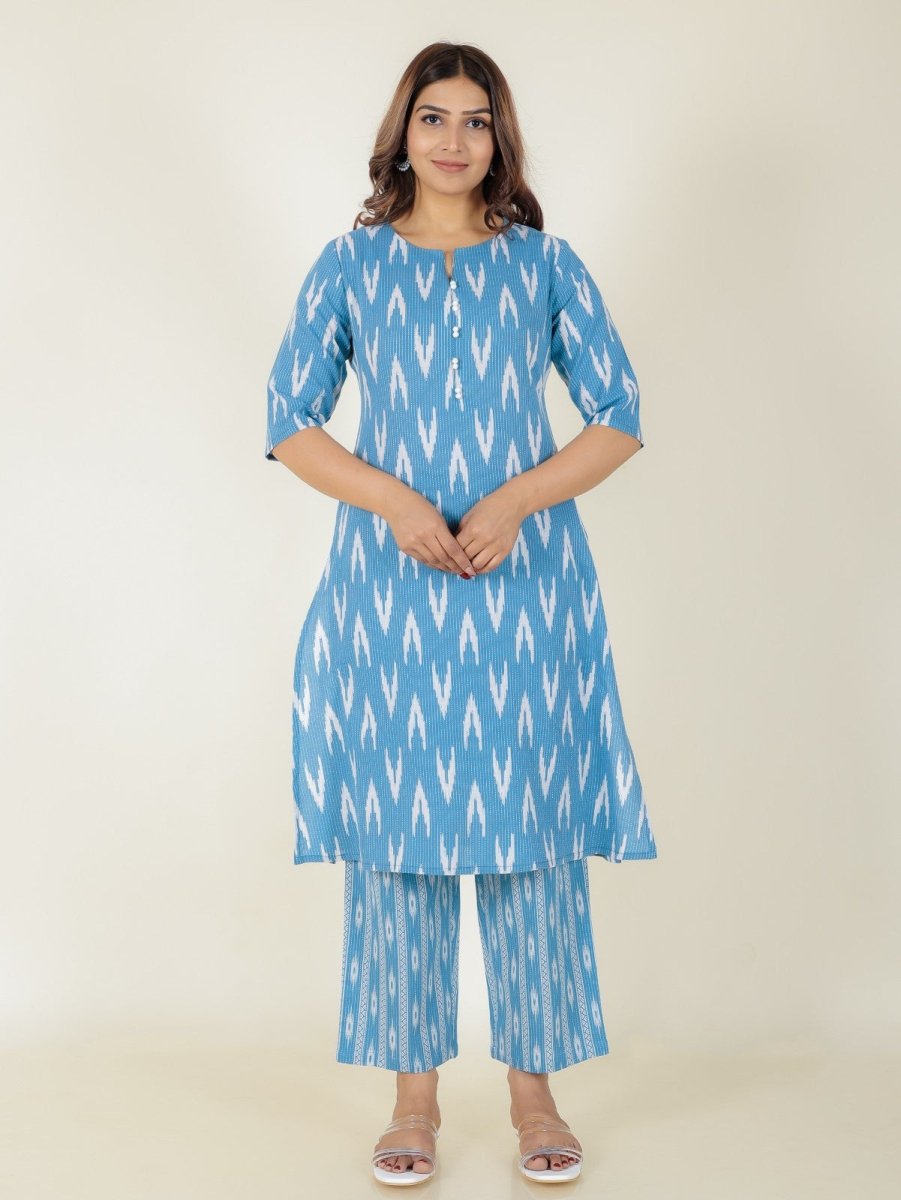 Aramya A-line Kantha Cotton Ikat Print Women's Kurta Set - Blue