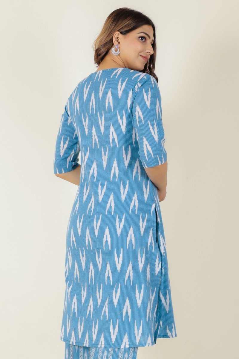 Aramya A-line Kantha Cotton Ikat Print Women's Kurta - Blue