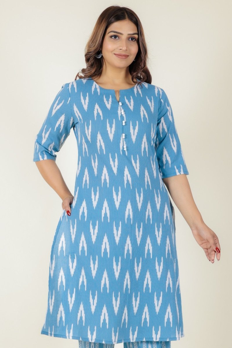 Aramya A-line Kantha Cotton Ikat Print Women's Kurta - Blue