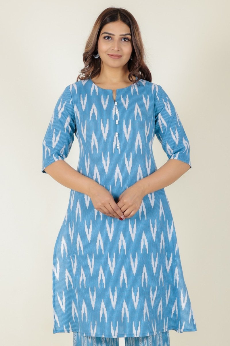 Aramya A-line Kantha Cotton Ikat Print Women's Kurta - Blue