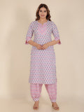 Aramya Straight Soft Cotton Floral Print Women's Kurta Set - Off White