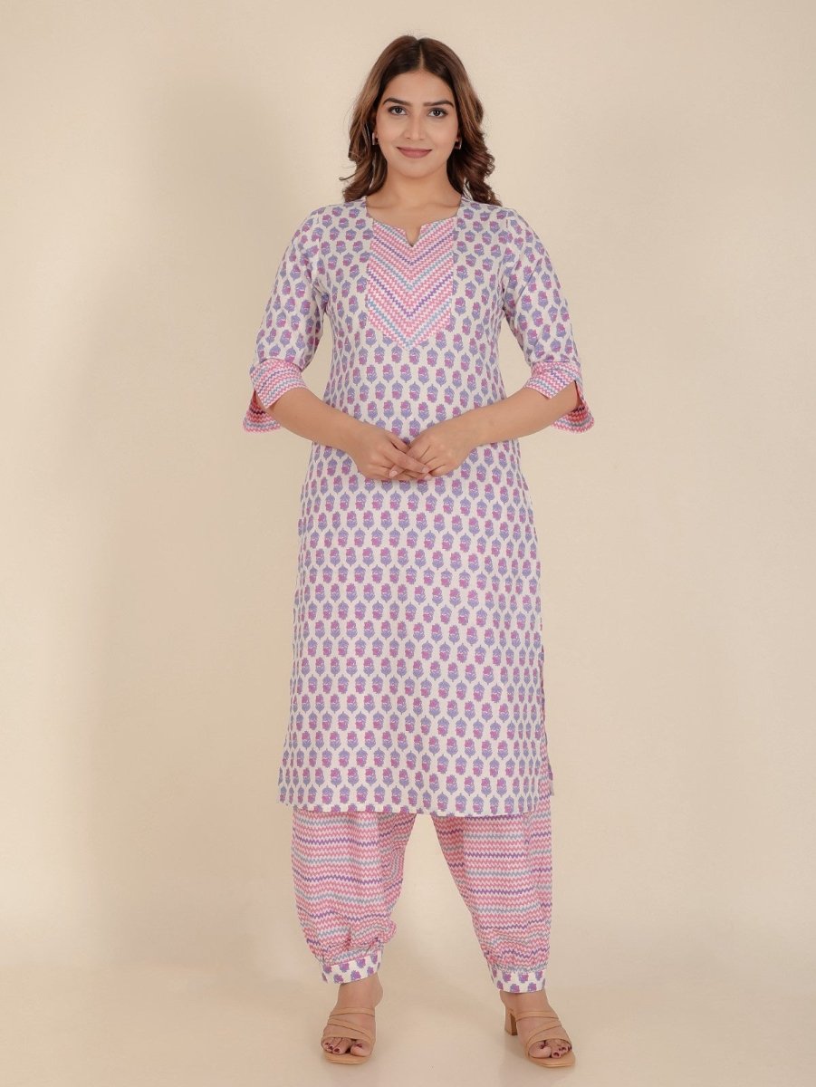 Aramya Straight Soft Cotton Floral Print Women's Kurta Set - Off White