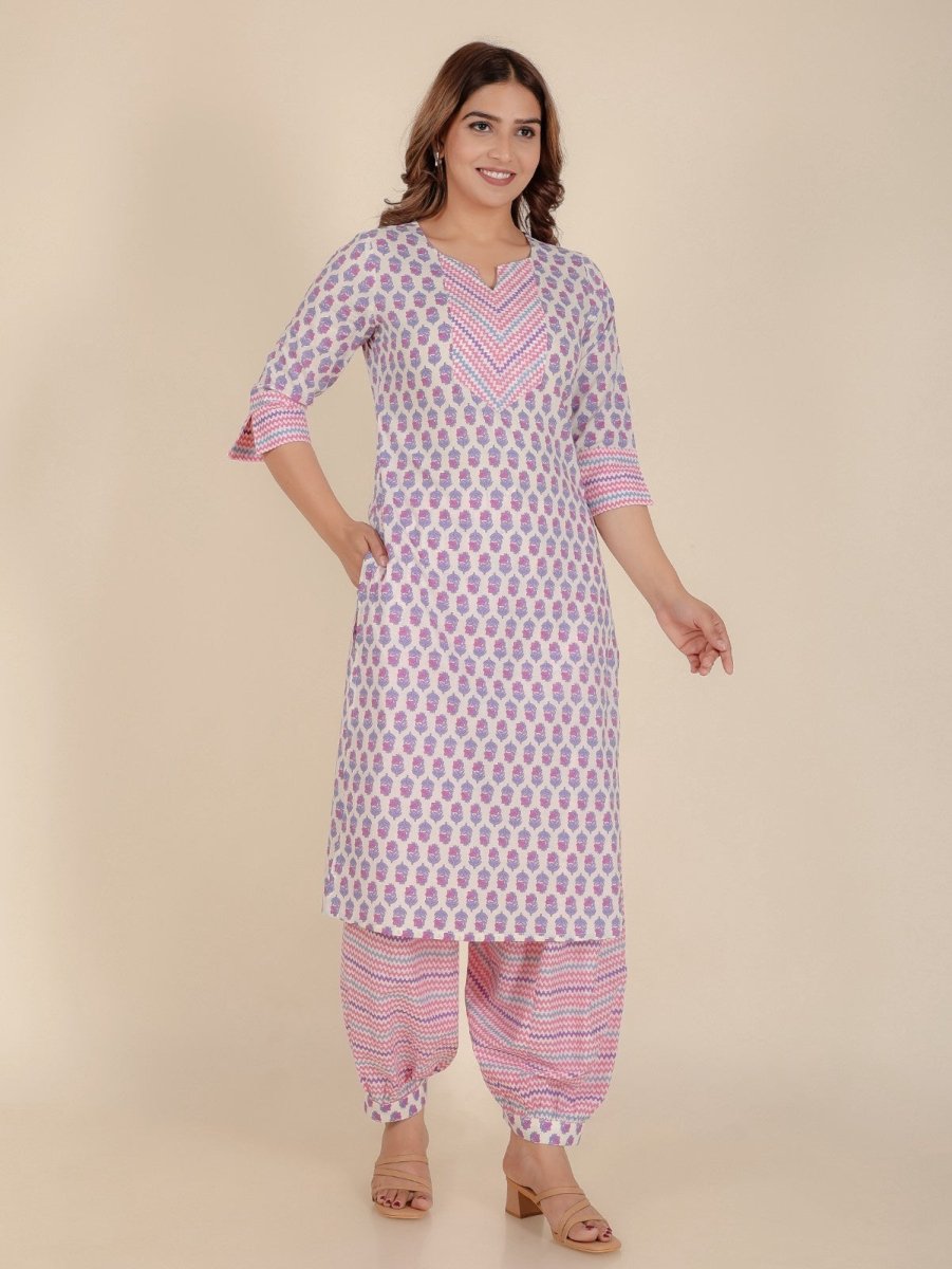 Aramya Straight Soft Cotton Floral Print Women's Kurta Set - Off White
