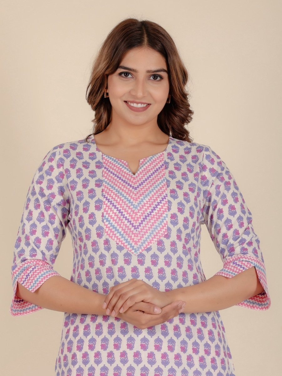 Aramya Straight Soft Cotton Floral Print Women's Kurta Set - Off White