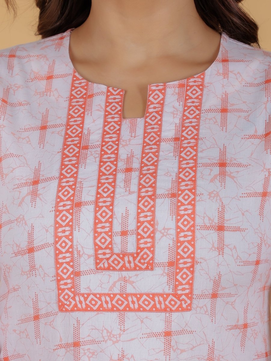 Aramya Straight Soft Cotton Geometric Print Women's Kurta Set - Orange
