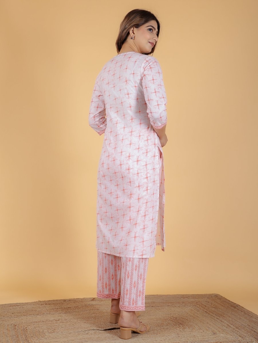 Aramya Straight Soft Cotton Geometric Print Women's Kurta Set - Orange