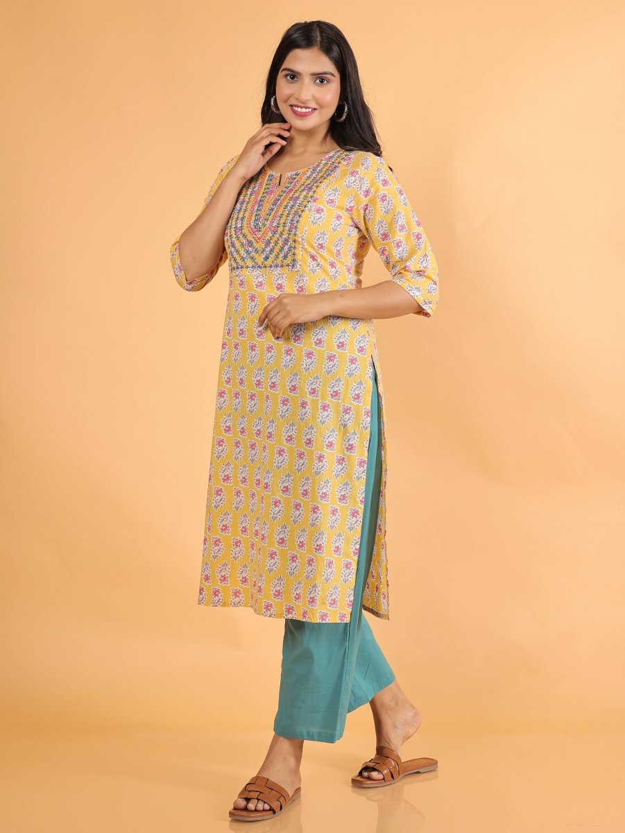 Aramya Straight Soft Cotton Block Print Women's Kurta - Yellow