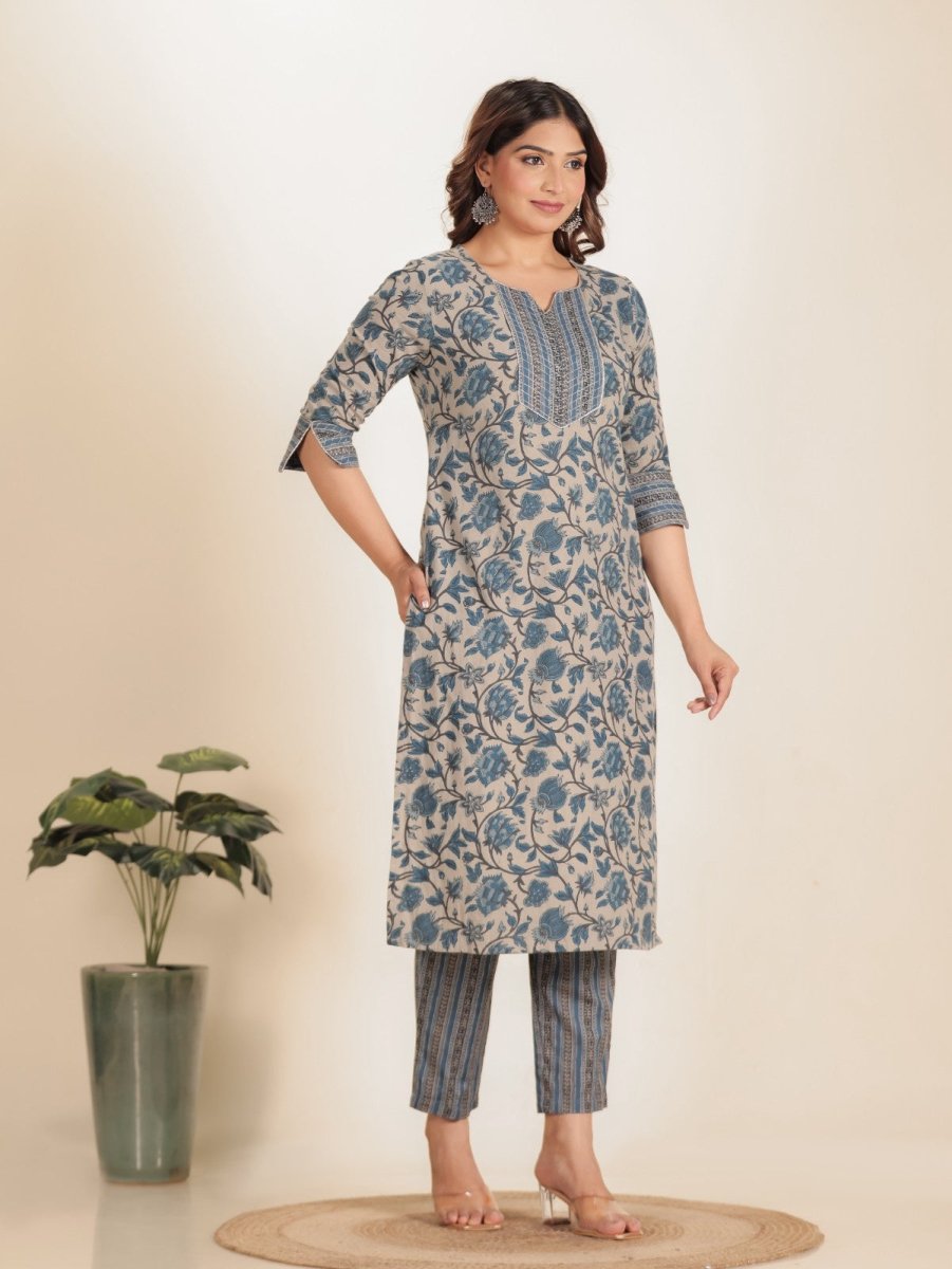 Aramya Straight Linen Cotton Floral Print Women's Kurta Set - Grey