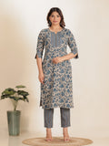 Aramya Straight Linen Cotton Floral Print Women's Kurta Set - Grey