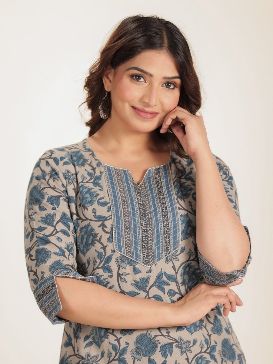 Aramya Straight Linen Cotton Floral Print Women's Kurta Set - Grey