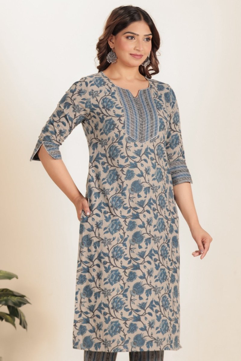Aramya Straight Linen Cotton Floral Print Women's Kurta - Grey