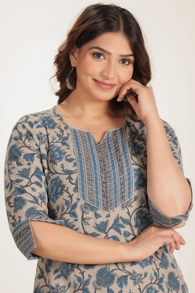 Aramya Straight Linen Cotton Floral Print Women's Kurta - Grey
