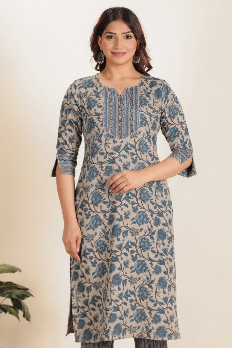 Aramya Straight Linen Cotton Floral Print Women's Kurta - Grey