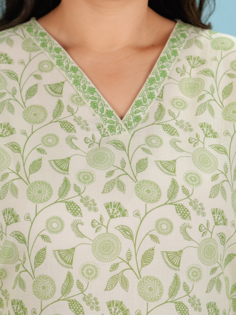 Aramya Straight Soft Cotton Floral Print Women's Kurta Set - Green