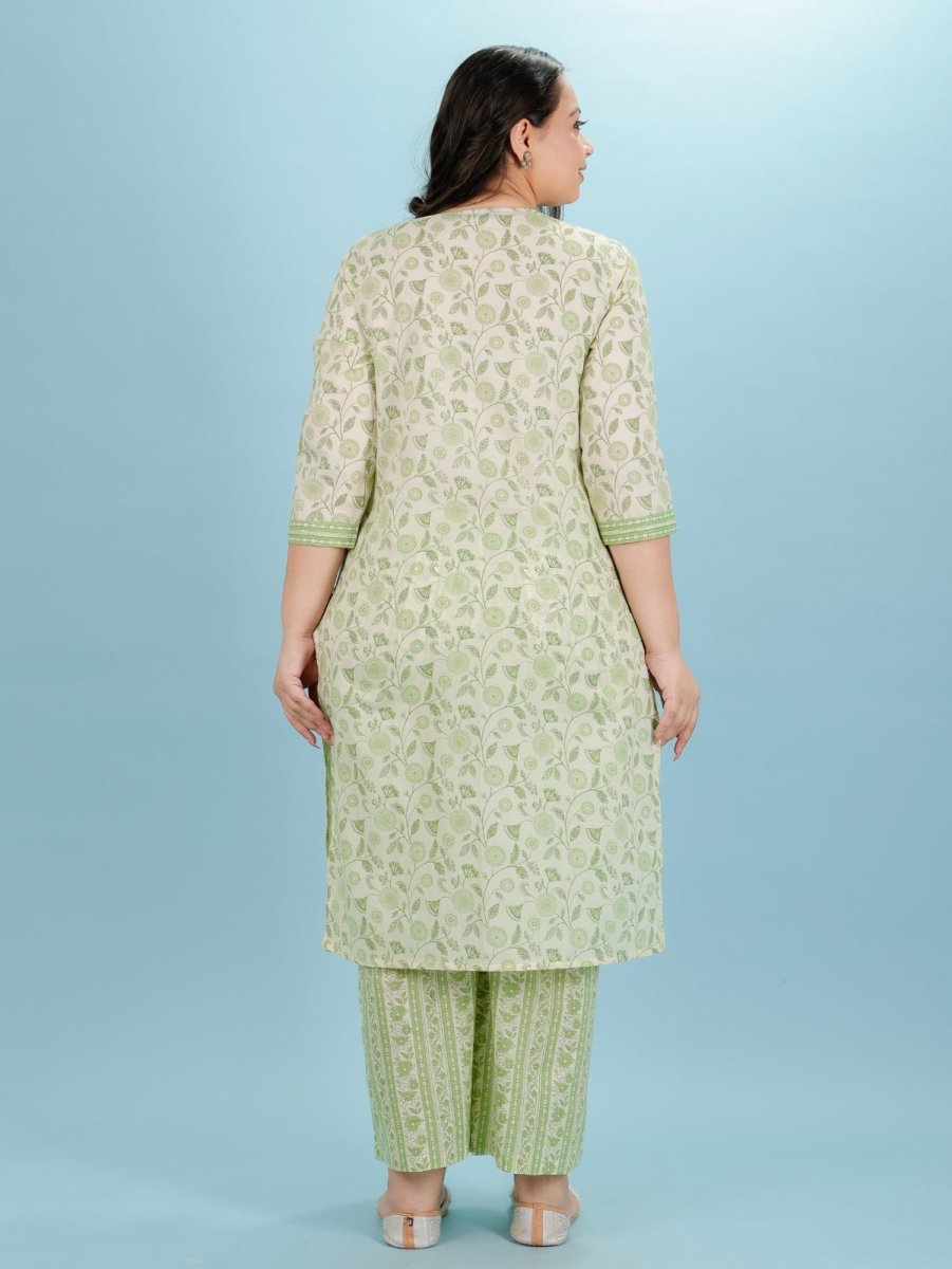 Aramya Straight Soft Cotton Floral Print Women's Kurta Set - Green