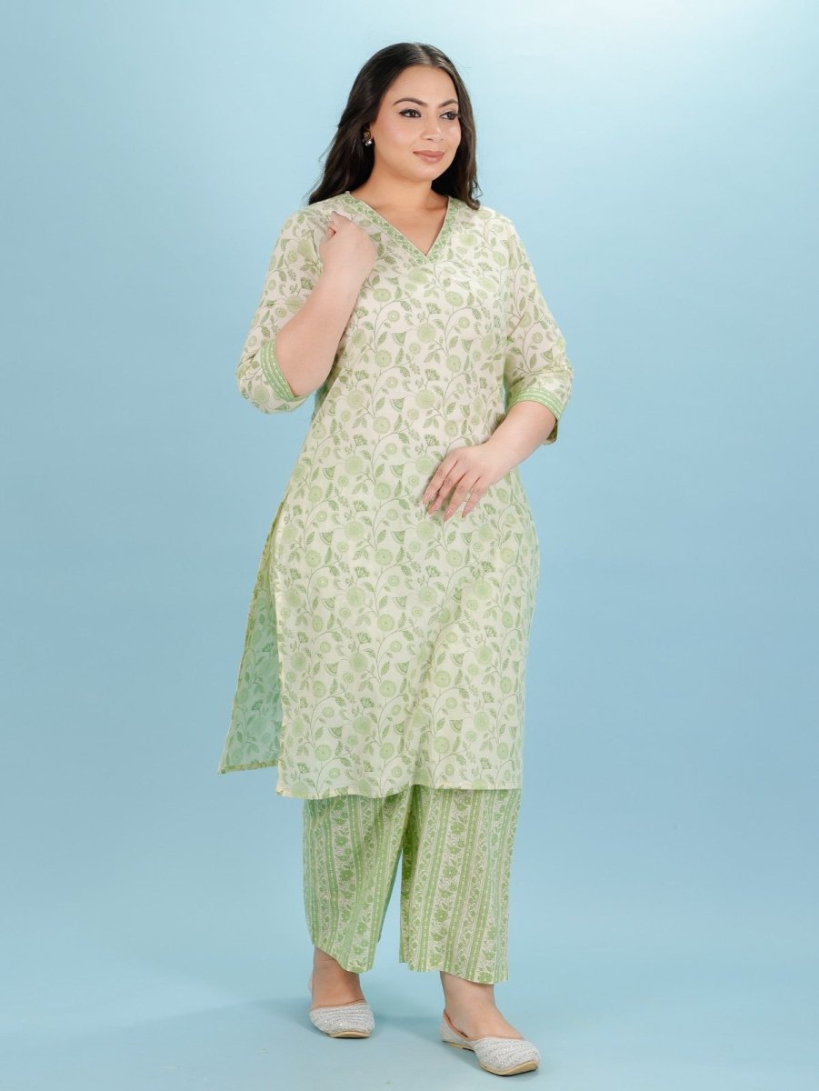 Aramya Straight Soft Cotton Floral Print Women's Kurta Set - Green