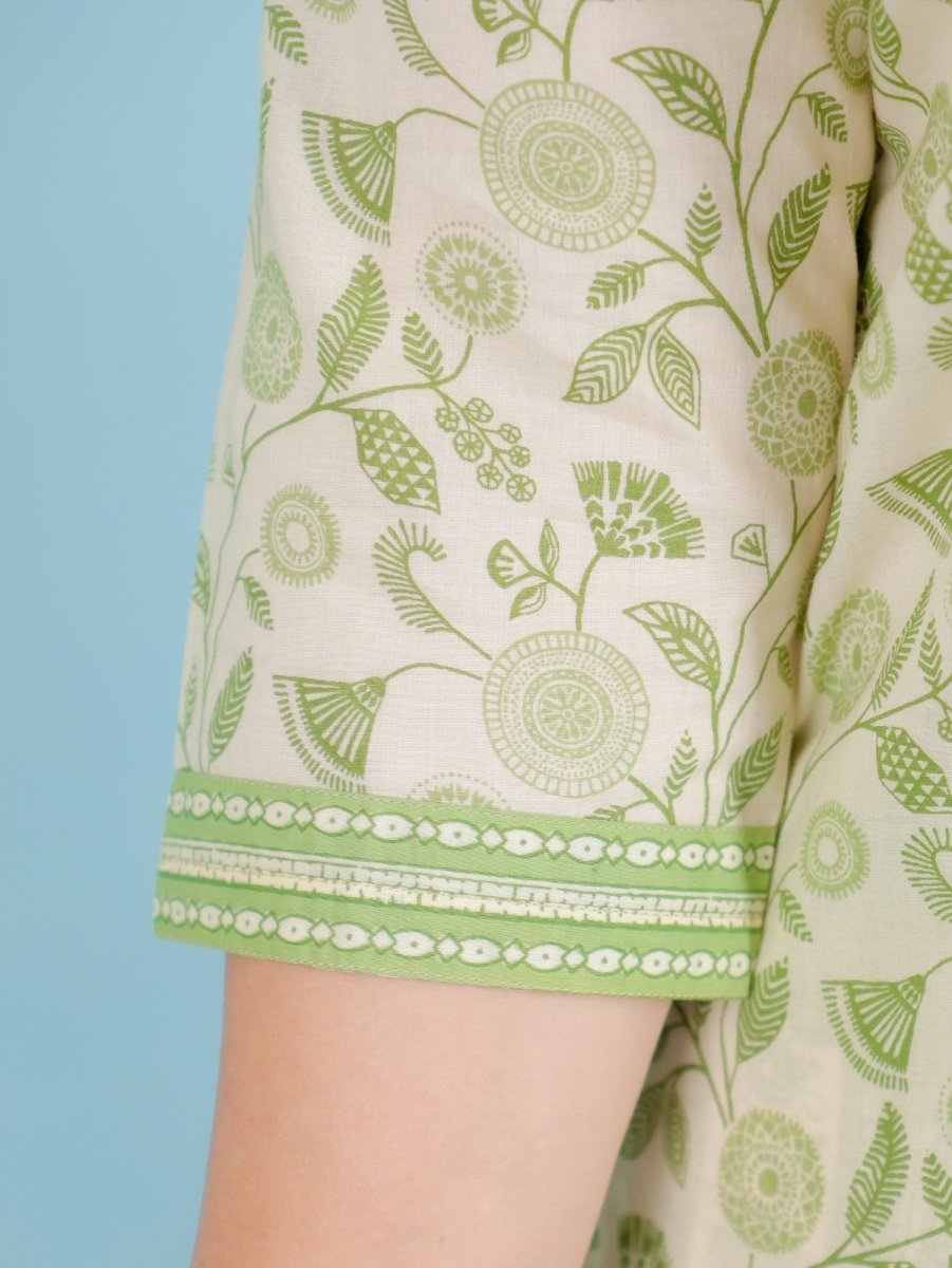 Aramya Straight Soft Cotton Floral Print Women's Kurta Set - Green