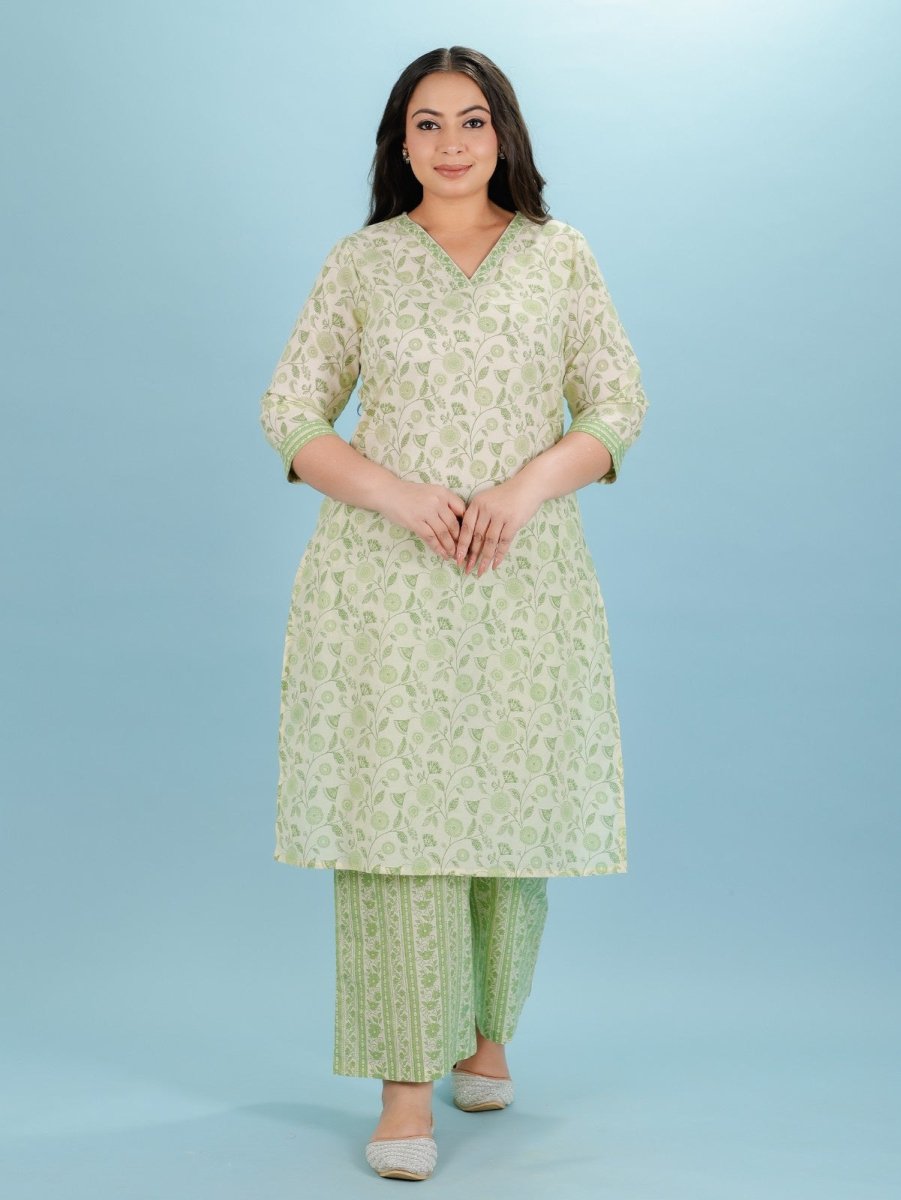 Aramya Straight Soft Cotton Floral Print Women's Kurta Set - Green
