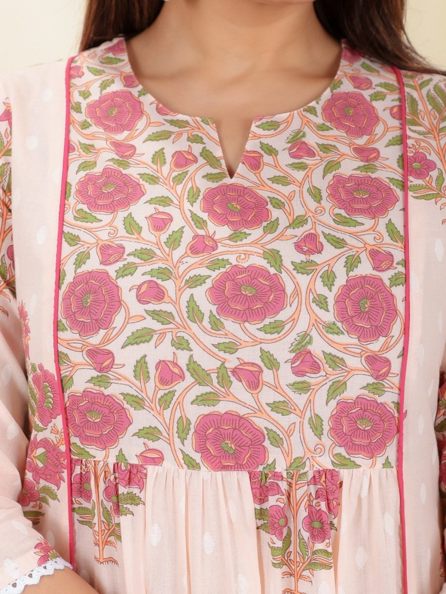 Aramya Panelled Soft Cotton Butti Print Women's Kurta Set - Pink
