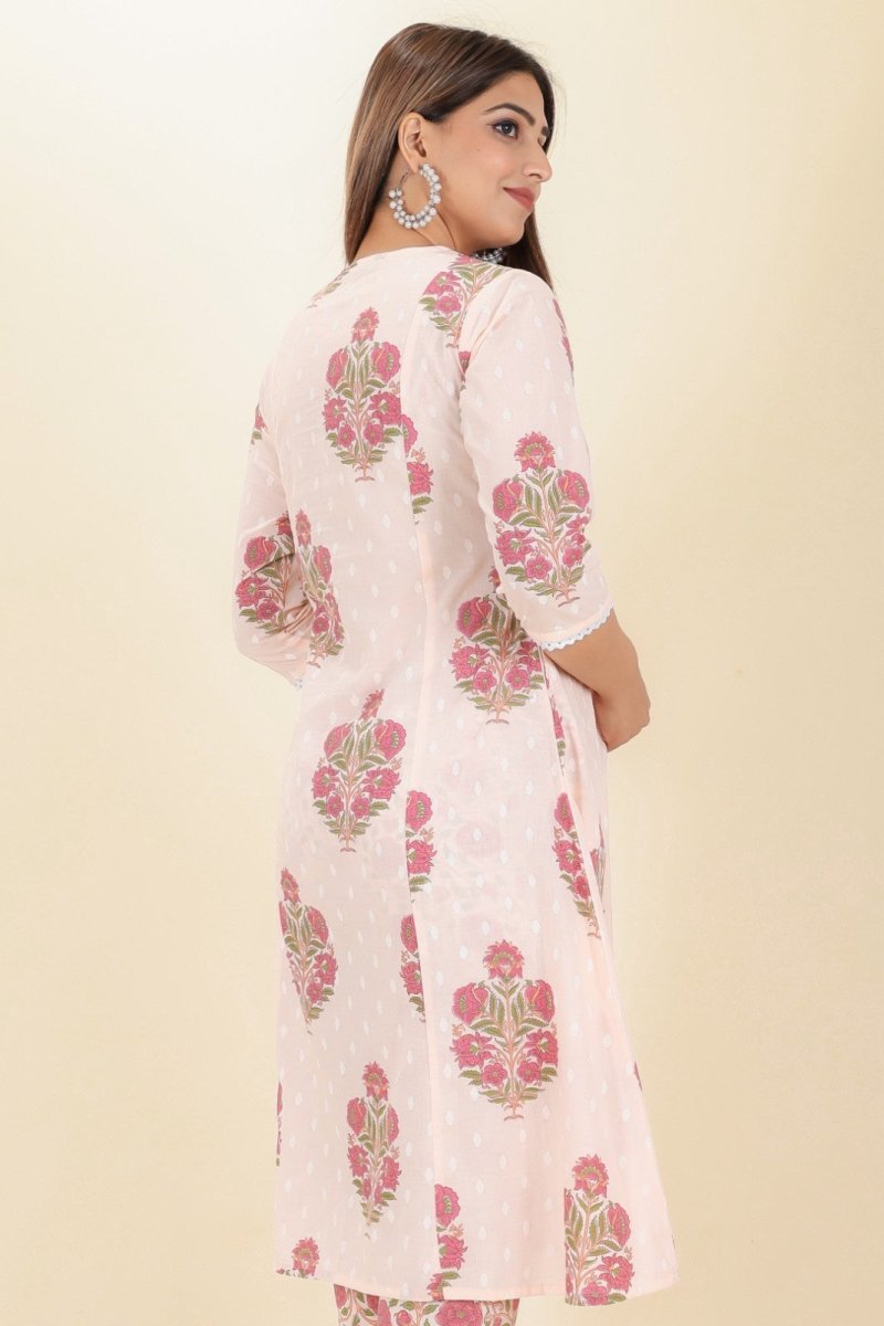 Aramya Panelled Soft Cotton Butti Print Women's Kurta Set - Pink