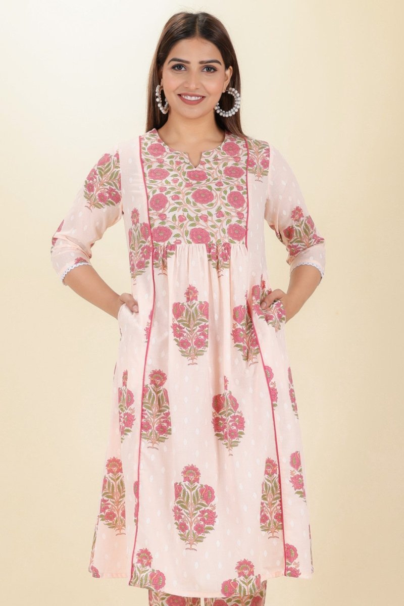 Aramya Panelled Soft Cotton Butti Print Women's Kurta Set - Pink