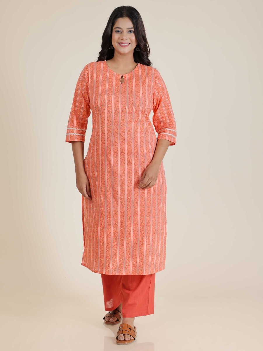 Aramya Straight Soft Cotton Striped Print Women's Kurta Set - Orange