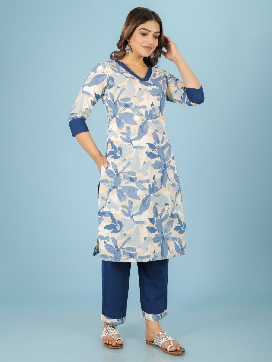 Aramya Straight Linen Cotton Floral Print Women's Kurta Set - Off White