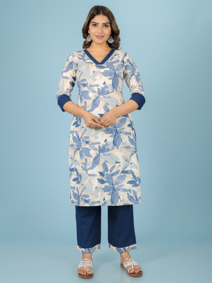 Aramya Straight Linen Cotton Floral Print Women's Kurta Set - Off White