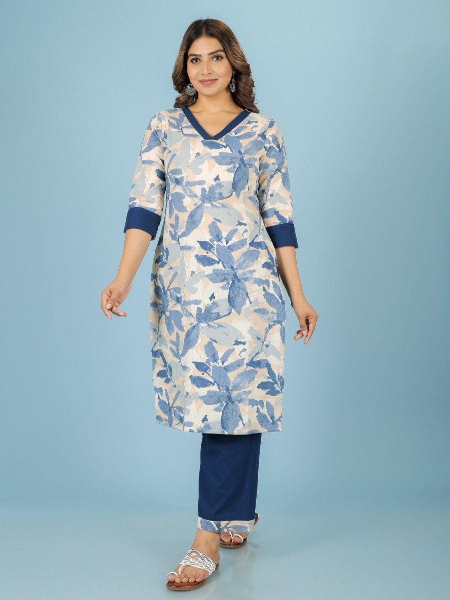 Aramya Straight Linen Cotton Floral Print Women's Kurta Set - Off White