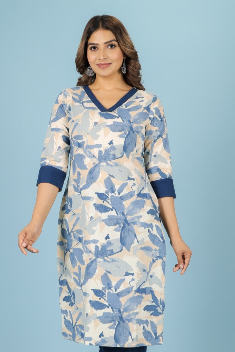Aramya Straight Linen Cotton Floral Print Women's Kurta - Off White