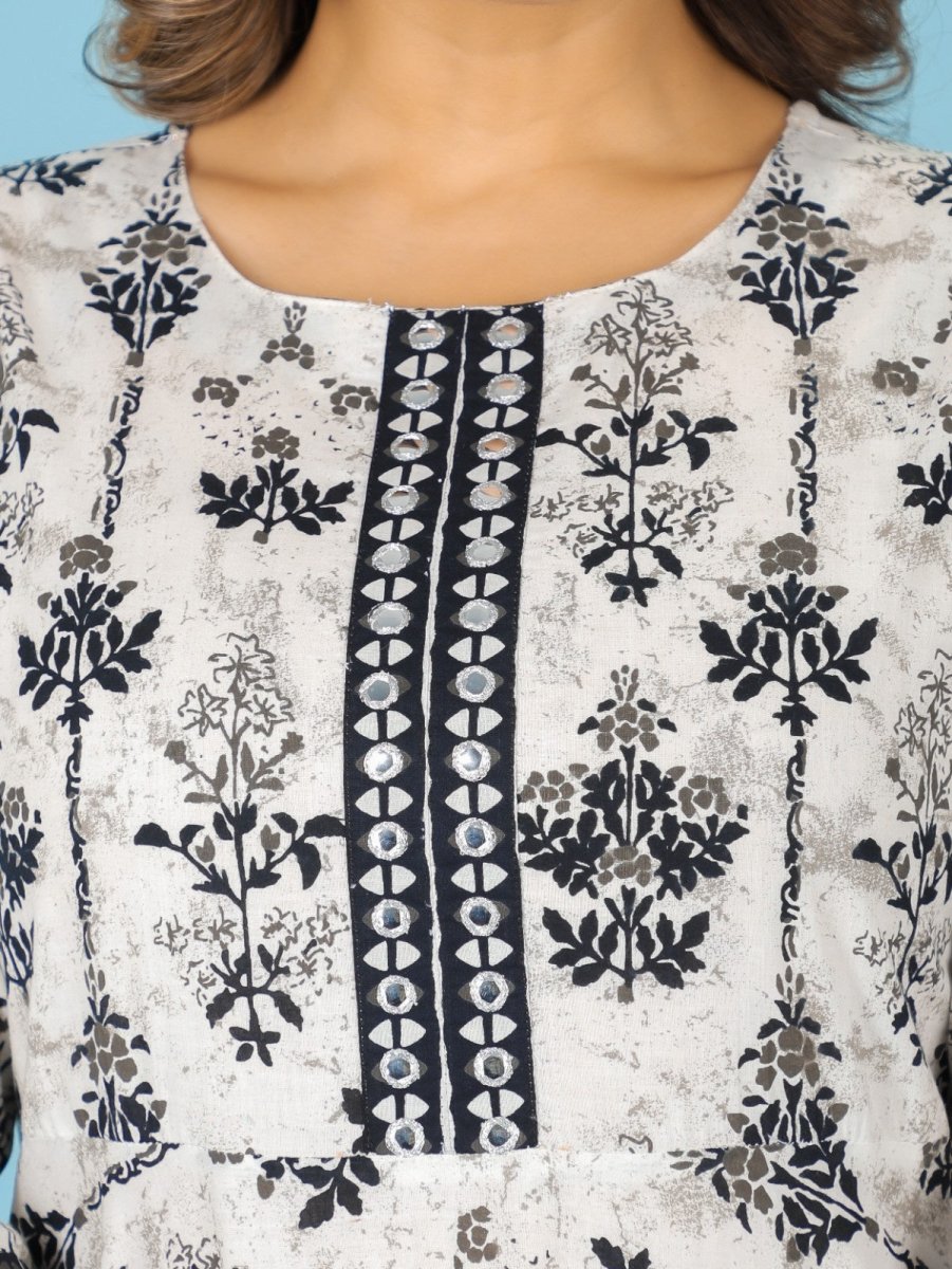 Aramya Anarkali Soft Cotton Butti Print Women's Kurta Set - White