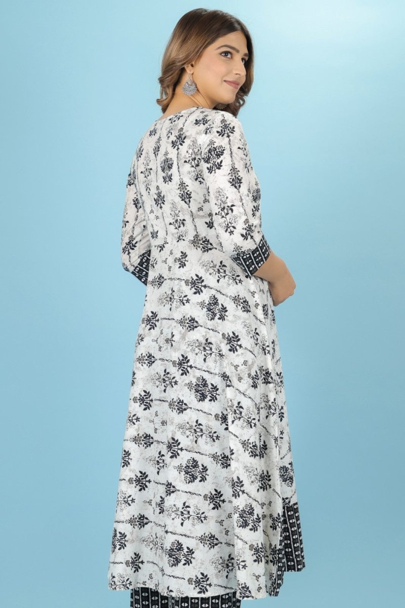 Aramya Anarkali Soft Cotton Butti Print Women's Kurta Set - White