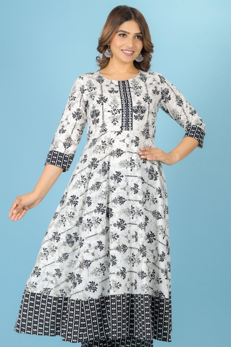 Aramya Anarkali Soft Cotton Butti Print Women's Kurta Set - White