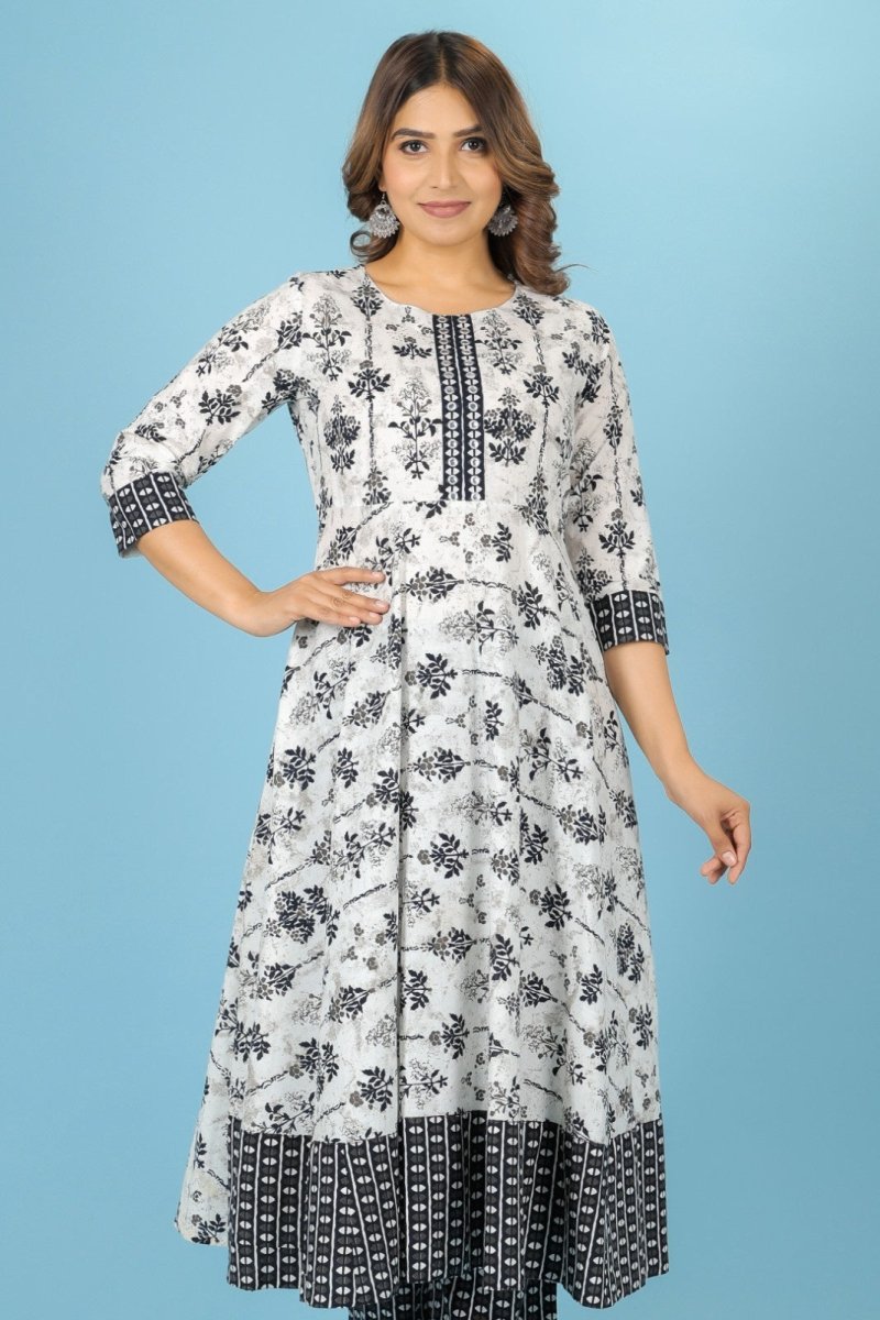 Aramya Anarkali Soft Cotton Butti Print Women's Kurta Set - White