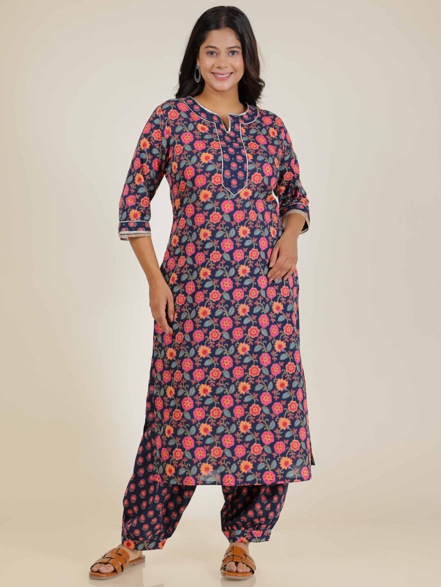 Aramya Straight Soft Cotton Floral Print Women's Kurta - Blue