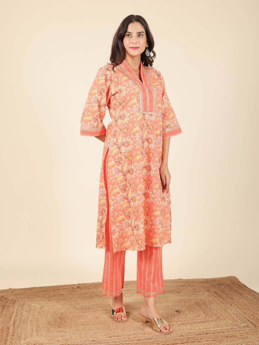 Aramya Straight Soft Cotton Floral Print Women's Kurta - Orange