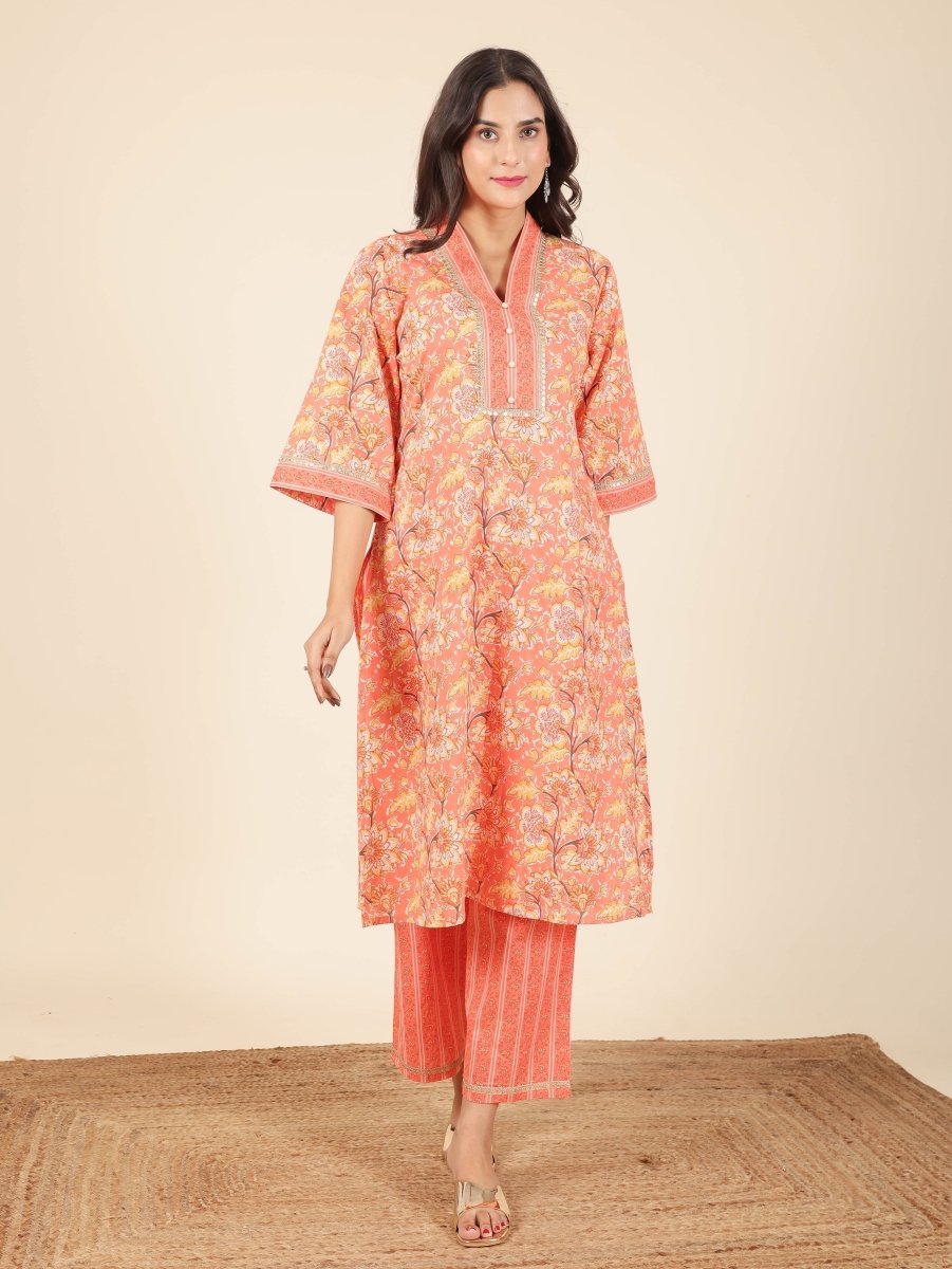 Aramya Straight Soft Cotton Floral Print Women's Kurta - Orange