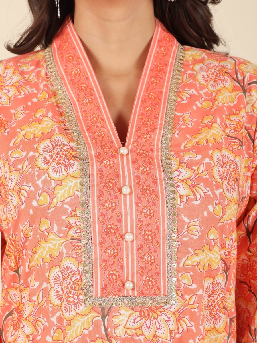 Aramya Straight Soft Cotton Floral Print Women's Kurta - Orange