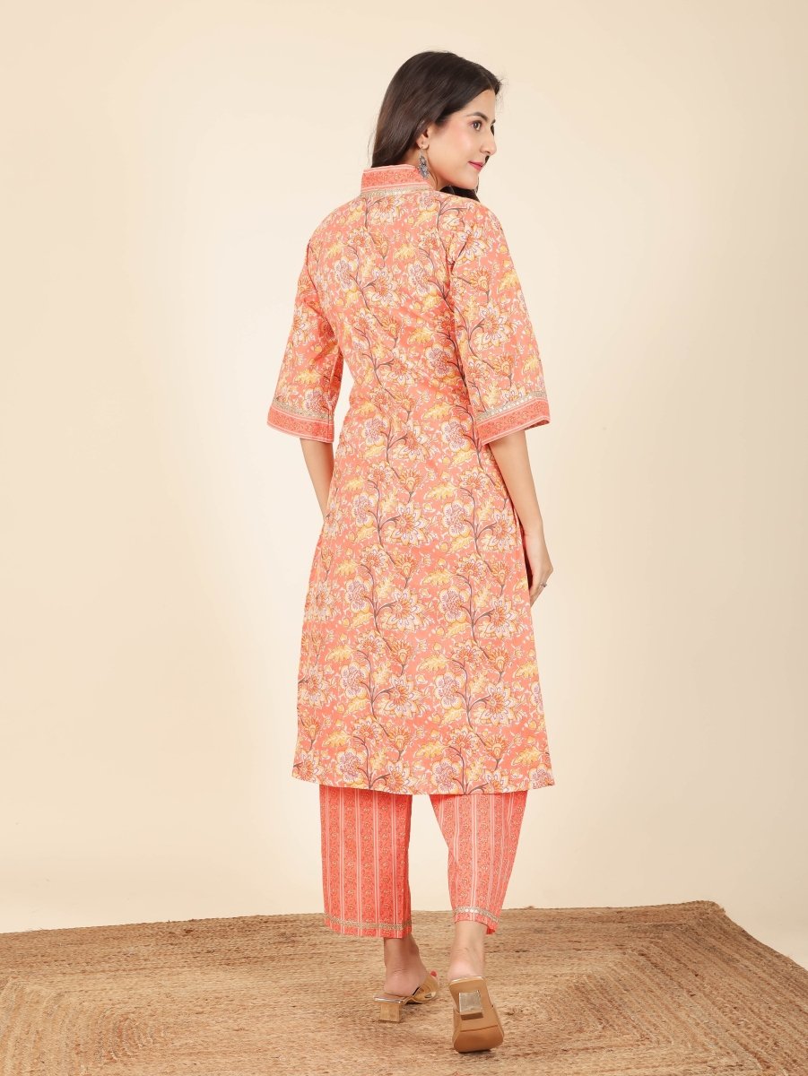 Aramya Straight Soft Cotton Floral Print Women's Kurta - Orange