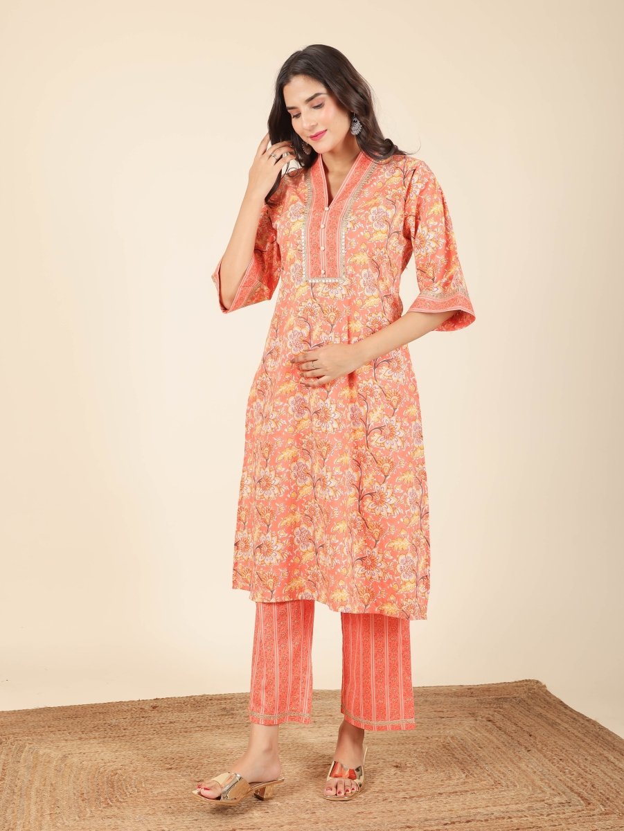 Aramya Straight Soft Cotton Floral Print Women's Kurta - Orange