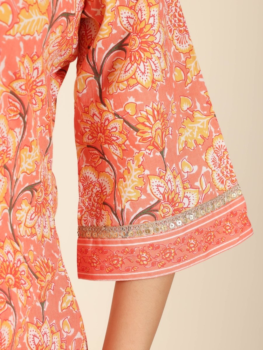 Aramya Straight Soft Cotton Floral Print Women's Kurta - Orange