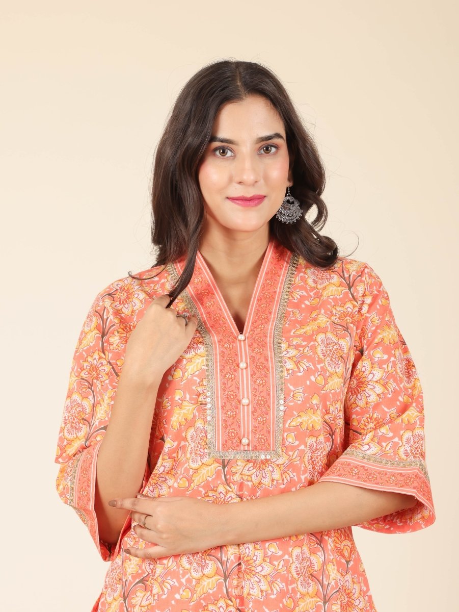 Aramya Straight Soft Cotton Floral Print Women's Kurta - Orange